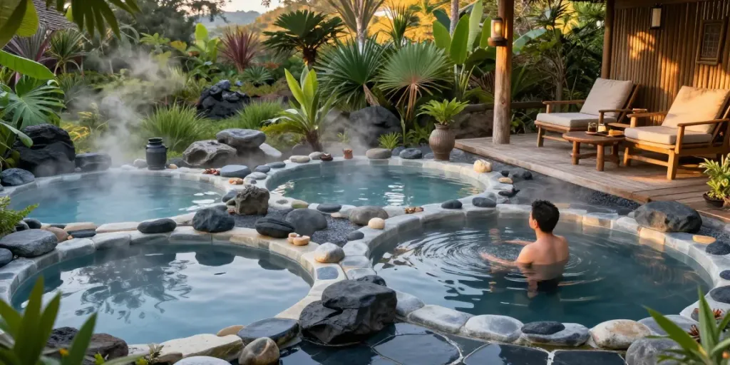 Relaxing onsen experience at rokok88 featuring mineral-rich pools and serene nature.