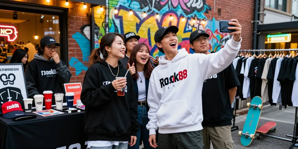 Friends showcasing stylish rokok88 streetwear at a vibrant fashion pop-up.