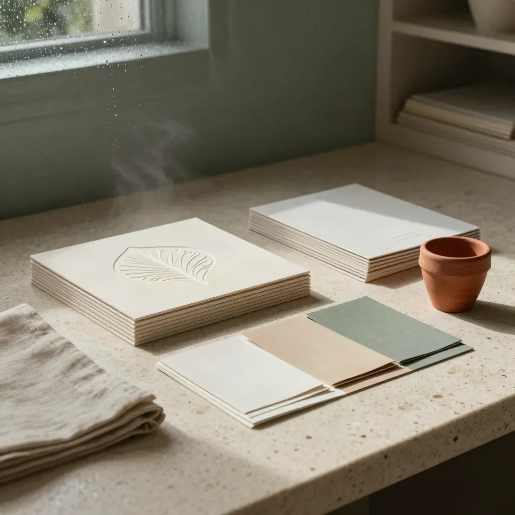 Atelier creativo con carte goffrate, sleeve crema, tessuti e vaso terracotta in luce cinematica.