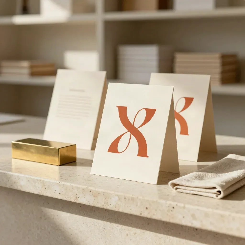 Tre varianti di logo su crema, blocco in ottone e custodia in lino su pietra