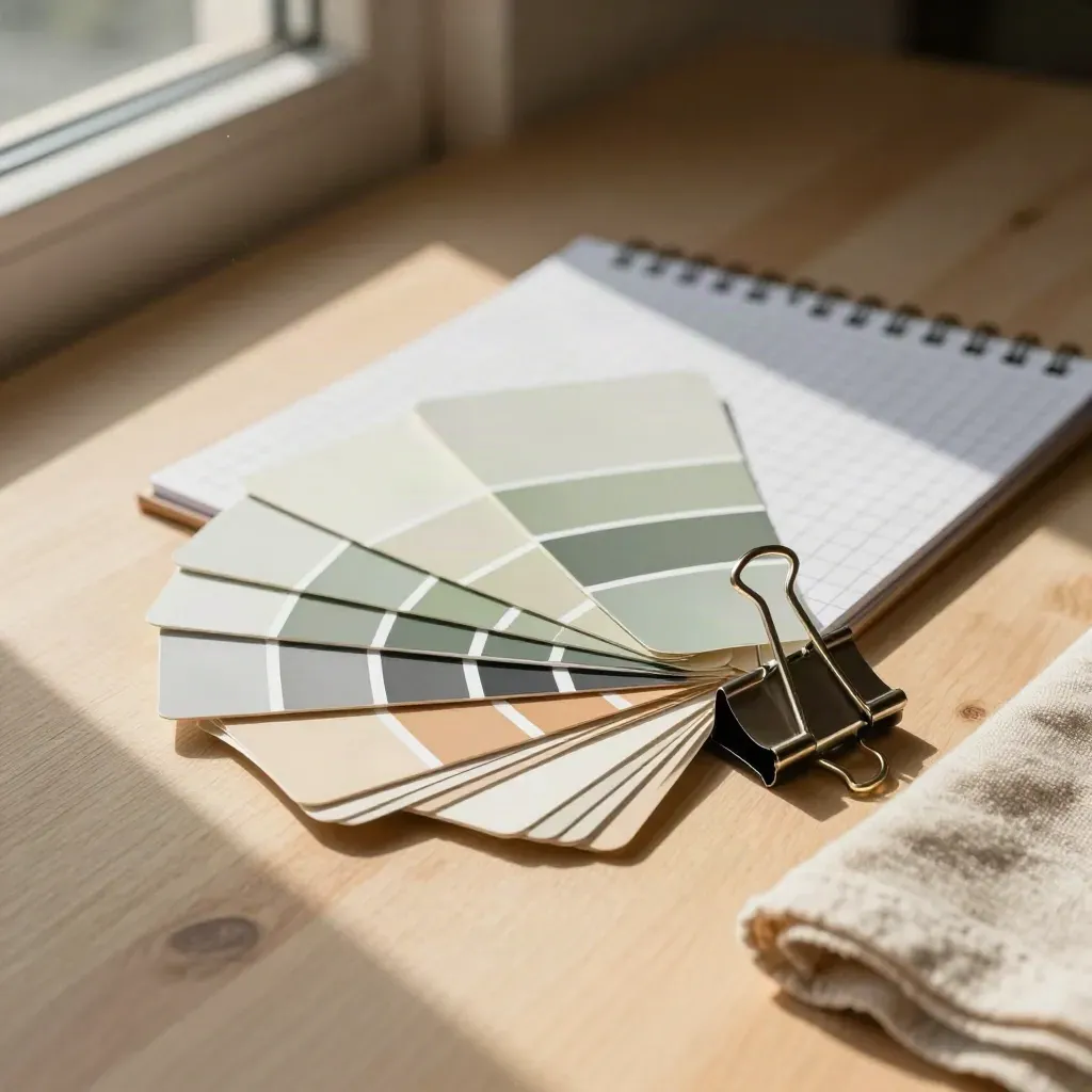 Kit di identità visiva con palette salvia, griglia e campioni su legno chiaro, luce calda.