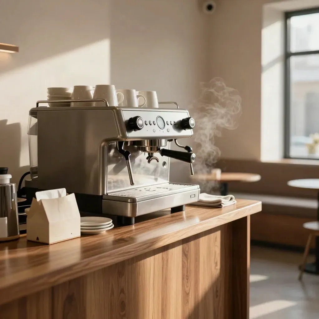 Bancone di caffetteria pronto all’apertura con macchina espresso, tazze e porta-sleeve.