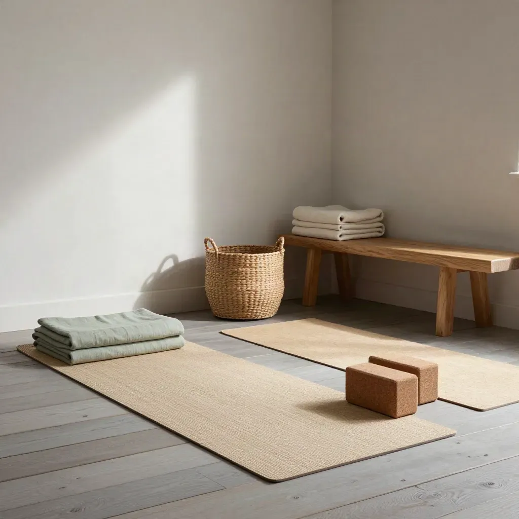 Angolo di studio yoga con tappetini arrotolati, blocchi in sughero, coperte piegate e panca bassa.