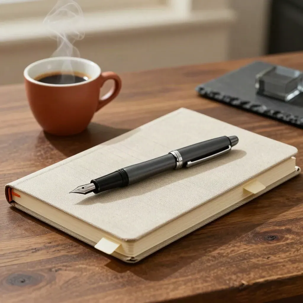 Taccuino chiuso, penna e caffè su tavolo in legno, luce drammatica e atmosfera editoriale