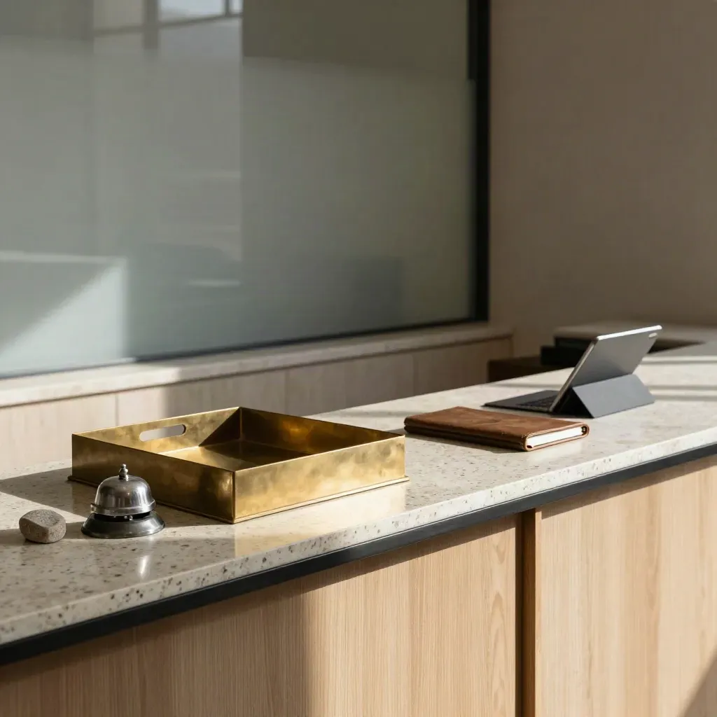 Reception legale elegante con vassoi in ottone, pietra e tablet rivolto altrove