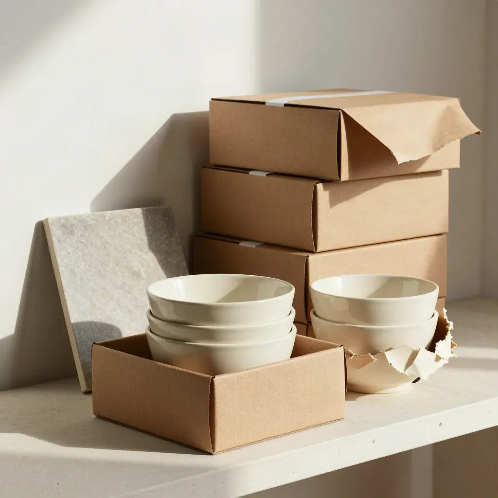 Scatole in kraft con ciotole ceramiche avvolte e carta da imballo in partenza.
