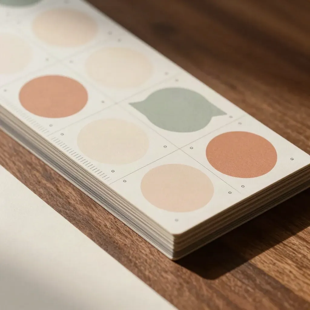 Oggetti di brand identity con blocchi tipografici, cerchi di carta e griglia sagomata su legno