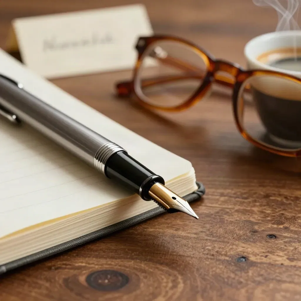 Penna stilografica, taccuino chiuso, occhiali e tazzina di espresso su tavolo in legno
