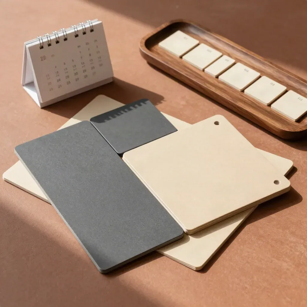Tiles magnetiche, cartelle tabbate e blocco calendario in vassoio di noce su piano terracotta.
