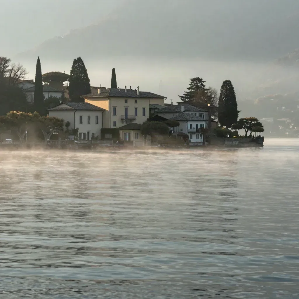 Costa del Lago di Como all’alba con ville in pietra, cipressi e lago velato di nebbia.