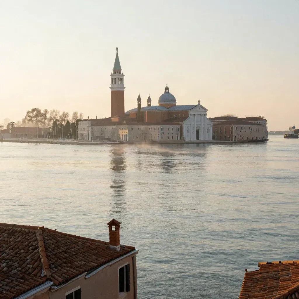 Laguna veneziana all’alba con campanile lontano e acqua calma per il testo