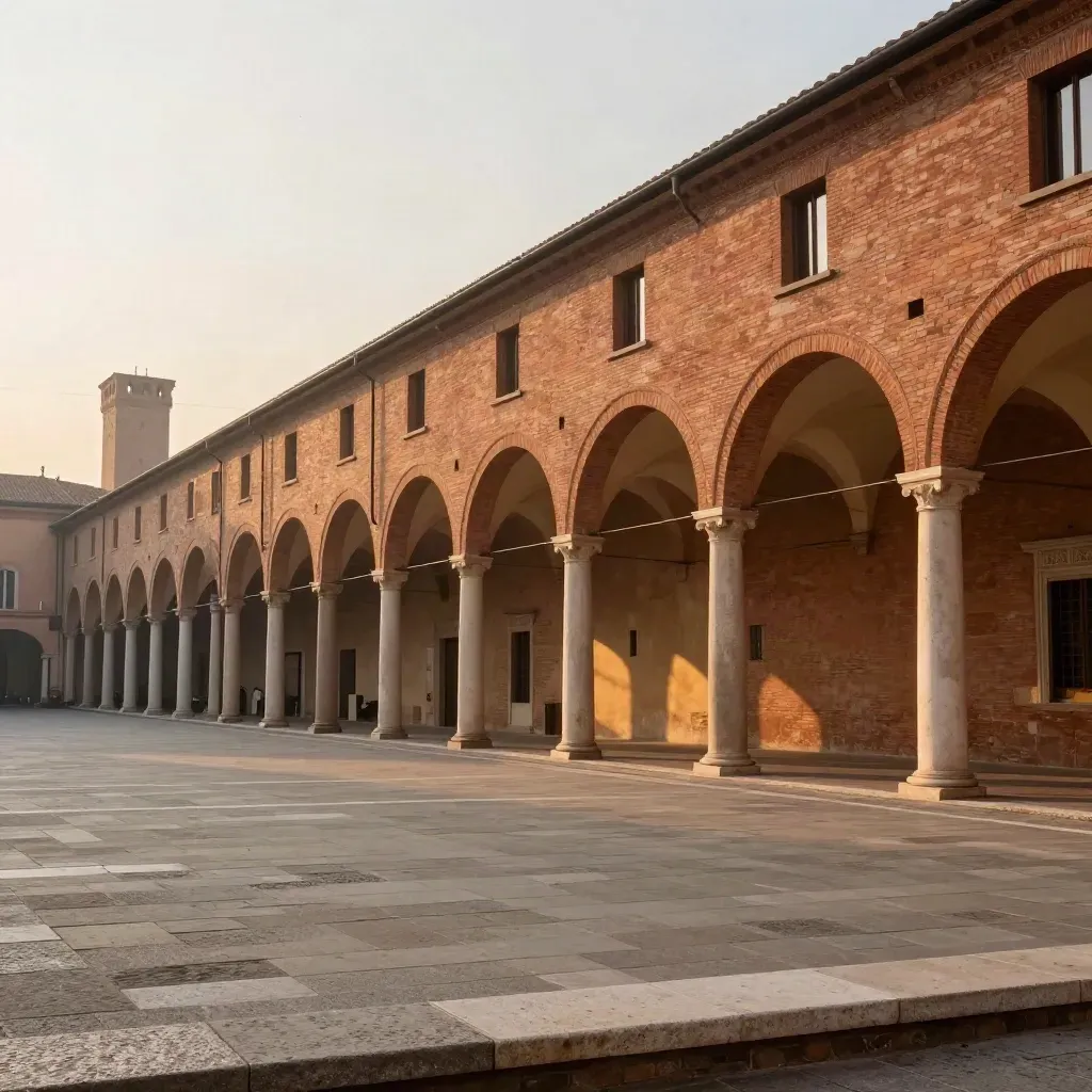 Portici di Bologna al tramonto con piazza vuota e cielo velato