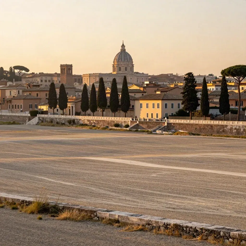 Lazio al tramonto, cupole lontane di Roma tra cipressi e pietra dorata nella foschia.