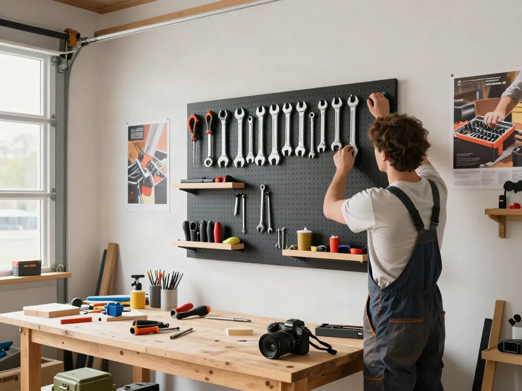 Pannello forato porta attrezzi ben organizzato in un ambiente di lavoro luminoso, strumenti a portata di mano.